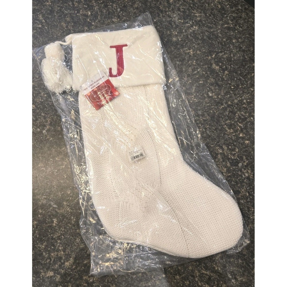St. Nicholas Square Ivory Cable Knit Christmas Stocking Red "J" *NEW*‎